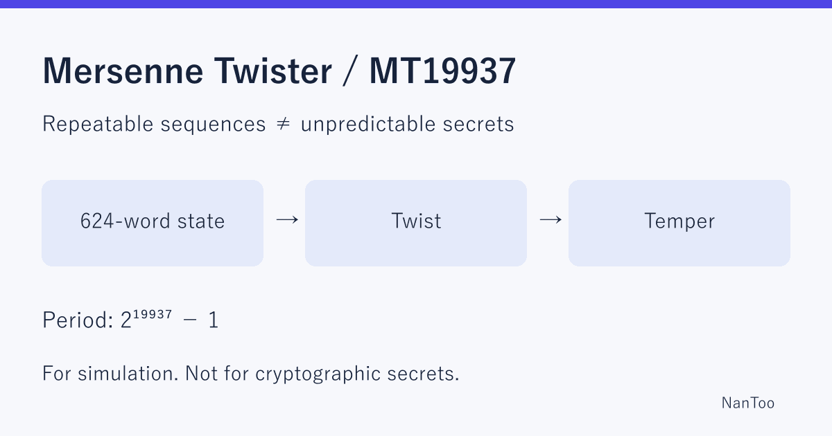 Mersenne Twister (MT19937): Period, Reproducibility, and Security Limits